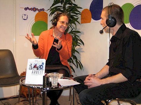 Professor Komlosy (left) discussing "Work" at the 2014 Leipzig Book Convention. Photograph courtesy of Andrea Komlosy